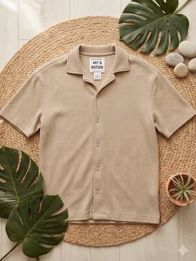 FLEECE FACTORY Art & Motion Tan Waffle Textured  Cuban Collar Button Down Shirt